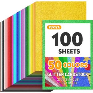 TUXIYA 100 Sheets 8.5" X 11" Glitter Cardstock,50 Assorted Colors 250GSM/92LB Glitter Cardstock,No-Shed Sparkly Glitter Paper for Arts and Crafts, Decorative, Card Making, Scrapbooking, DIY Projects