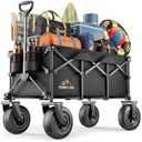 All-Terrain Beach Wagon with 10" x 3.5" Big Inflatable Rubber Wheels for Sand, 220L Collapsible Utility Wagon, 400 lbs Heavy Duty Folding Cart with 2 Cup Holders for Camping, Sports, Garden, Black