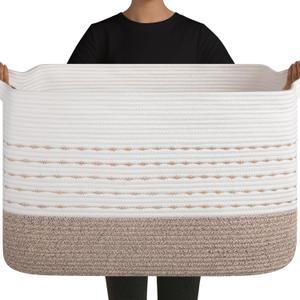 OIAHOMY 108L Extra Large Blanket Basket, 25x16x16 Rectangle Woven Cotton Rope Baskets for for Living Room, Toy Storage with Handle- Gradient Light Brown
