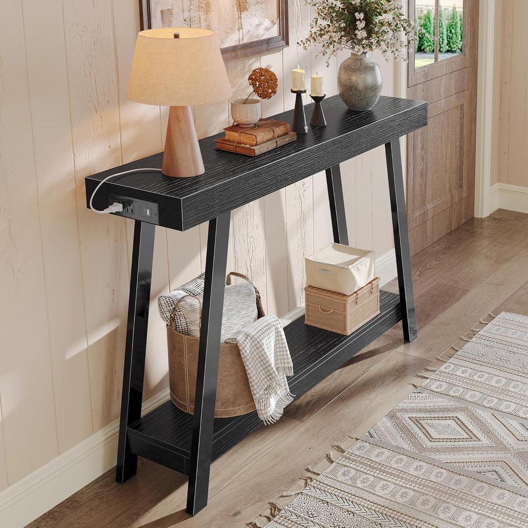 Huuger Console Table with Charging Station, USB-C Port, 2 Tiers Entryway Table, 47.2 Inch Sofa Table with Metal Legs, Entry Hallway Table with Thicker Desktop, Modern Behind Couch Table, Black (11.8"D47.2"W31.5H")