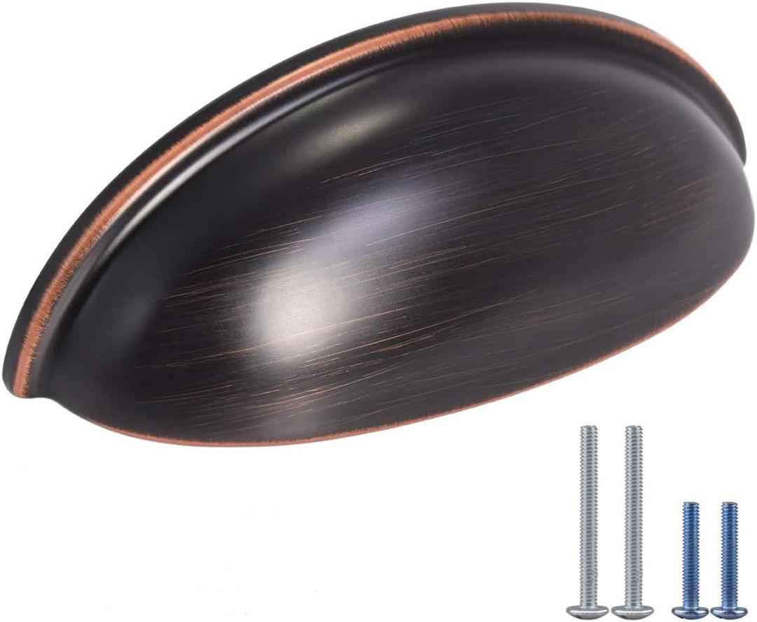 HOMOTEK 6 Pack Drawer Bin Cup Pulls Dresser Pulls for Cabinets Oil Rubbed Bronze - 3 Inch Hole Centers Furniture Handles,Kitchen Cabinet Hardware