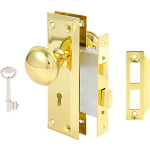Mortise Lock Set for Interior Door, Vintage Antique Gold Door Knobs with Lock and Skeleton Key, Old Door Knob Replacement Fits 1-3/8 in 1-3/4 in, Polished Brass Finish