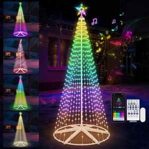 8FT Lighted Outdoor Christmas Tree Smart App Control, 388 LEDs RGB Chirstmas Cone Tree Lights Music Sync, DIY Prelit Christmas Tree Lightshow, Magical Xmas String Lights Timer Remote for Yard Decor (Color Changing)