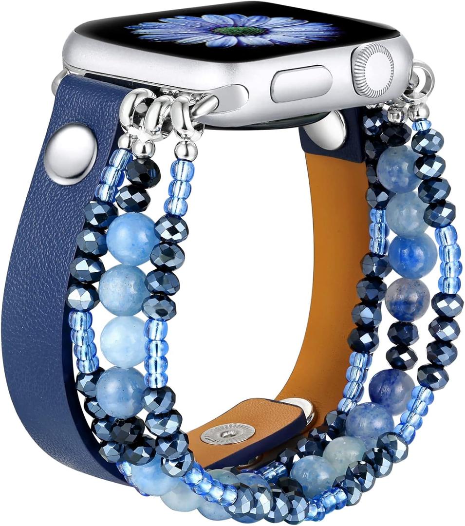 fastgo Bracelet Band Leather Compatible with Apple Watch 38mm 40mm 41mm Women, Dressy Fancy Elastic Beaded Jewelry Strap for Iwatch SE& Series 9 Ultra 8 7 6 5 4 3 2 1(Blue,38/40/41mm)