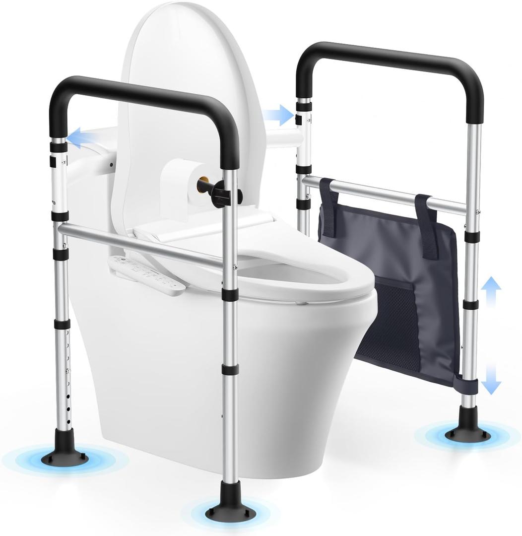 Toilet Safety Rails, Height & Width Adjustable Detachable Toilet Safety Frame for Seniors, Elderly & Disabled, Foldable Handicap Toilet Rails with Handles Storage Bag, Tissue Holder (350LB) (Black)