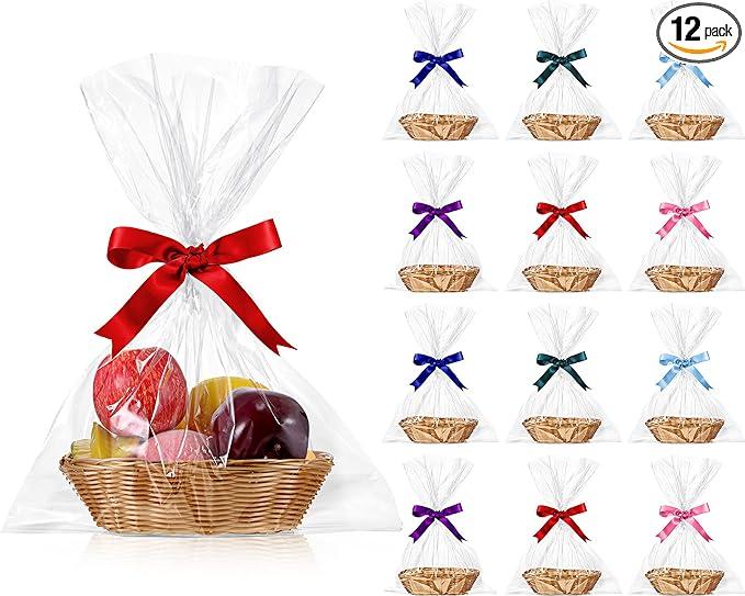 Blulu 12 Pieces Valentine's Day Basket Empty for Gifts Oval Basket Food Storage Fruit Baskets with 6 Rolls Colorful Ribbons and 30 Clear Gift Bags for Kitchen Restaurant 9 x 6 x 2.24 Inches