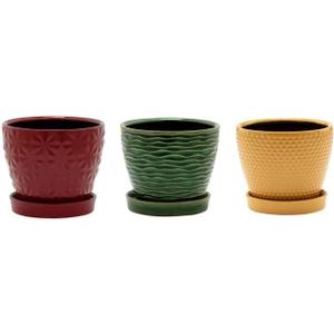 Napco Assorted Designs Red Green Yellow 4.25 x 5 Ceramic Planter Pot with Saucer; Set 3