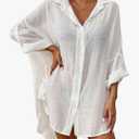 Bsubseach Linen Bathing Suit Cover Up Shirt Women Button Down Beach Cover Ups Split Tie Swimsuit Coverup Blouse , One Size, White 