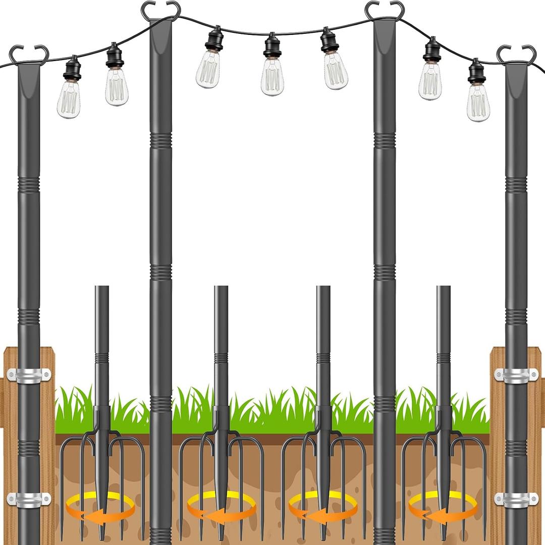 10Ft String Light Poles 4 Pack,Poles for Outdoor String Lights with Fork and Fence Clamp,Hanging Lights Metal Stand Post for Deck Patio Backyard Garden Decorations