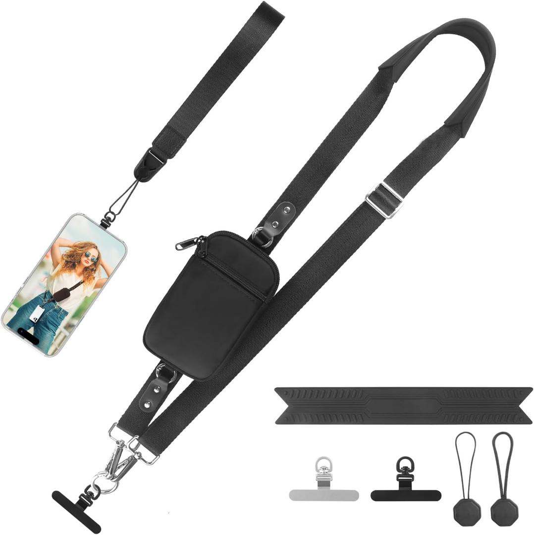 Clip and Go Strap for Phone With Wallet Crossbody (Detachable RFID Blocking Wallet) - Adjustable Phone Strap w/Soft Silicone Pad, Universal Phone Lanyard with 360 Rotatable Tether Tabs for All Phones (1-black)