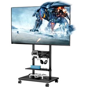 Heavy-Duty Rolling TV Stand for 37–75″ TVs, Supports up to 198 lbs (154 lbs TV + 22 lbs Per Shelf), Height Adjustable Tilt Swivel Rolling TV Cart with Pegboard Storage, Max VESA 600×400, Black