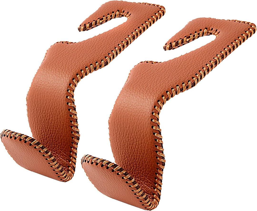 Purse Hook for Car, Superior Leather Headrest Hanger Matching Cars Interior, Brown Back Seat Organizer Storage Holder (2 Pack)