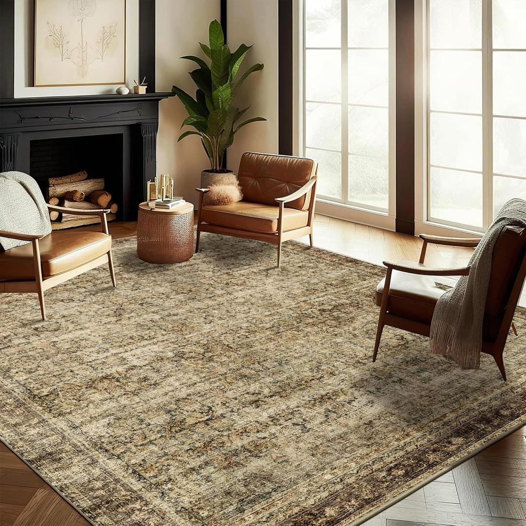 CHAMPLANT Area Rug 6x9 Washable Rug Dark Brown Vintage Traditional Distressed Thin Retro Kitchen Indoor Floor Cover Non Slip Carpet Floral Print Mat Living Room Bedroom Dining Room