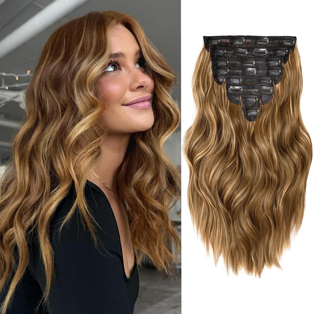 Hair Extensions for Women, 8PCS 16 Inch Chestnut Brown Clip in Hair Extensions Mix Blonde, Synthetic Wavy Clip Ins, Full Head Thick Hairpieces for Women