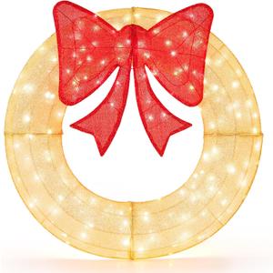 Tangkula 48 Inch Lighted Christmas Mesh Wreath, Pre-Lit Festive Wreath w/Large Bow & 200 LED Bulbs, Hooks & Zip Ties Included, Weatherproof Festive Decoration for Indoor Outdoor (Red)