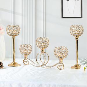 Gold 5 Arm Metal Crystal Tea Light Candle Holder, Elegant Wedding Table Centerpiece, Christmas Wishing Bowl Candle Holder (Set of 3)