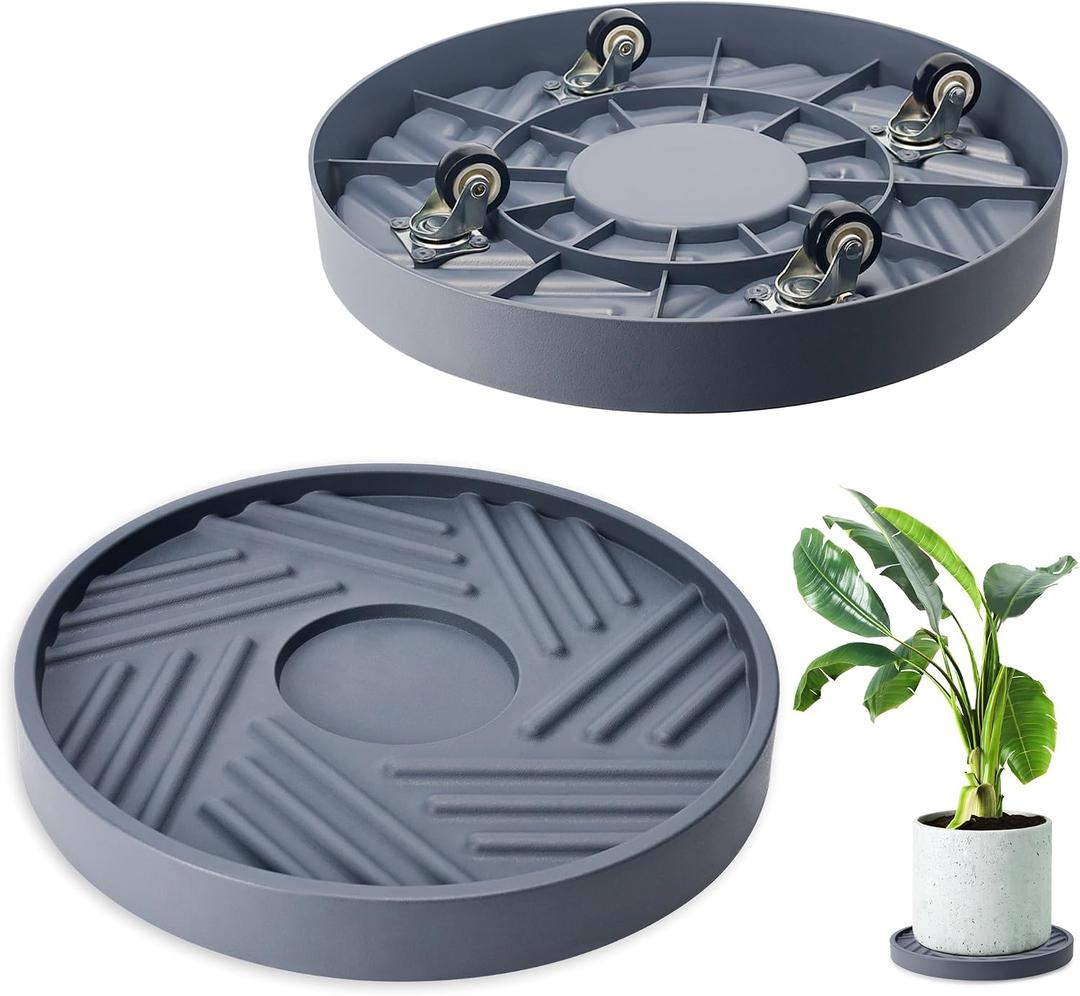 REDHUGO 2PCS Round Plant Caddy with Hidden Wheels, Heavy Duty Rolling Plant Stand Caddy with Wheels, Pot Base for Indoor Outdoor, Gray, 14 inches