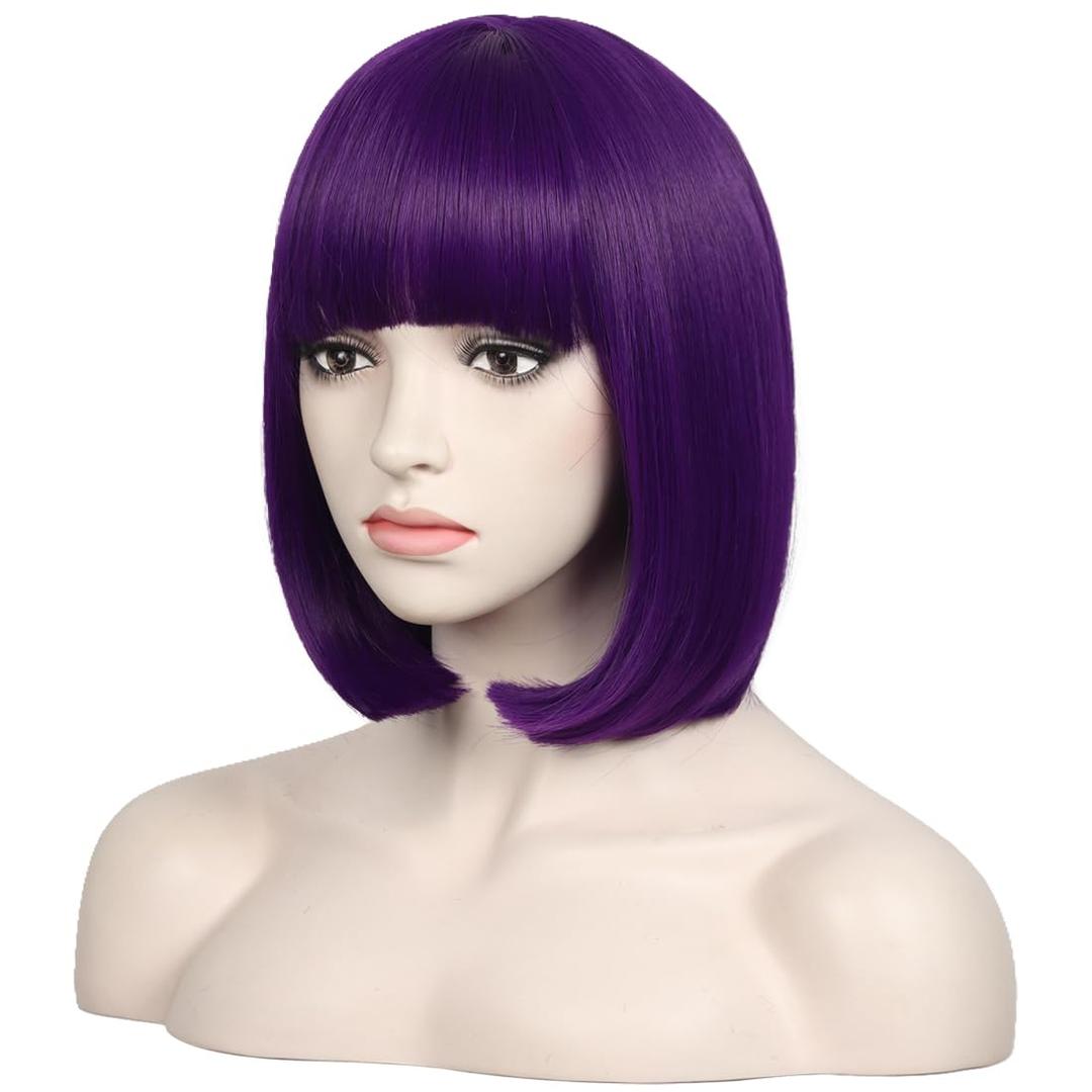 WildCos Short 12 Inches Straight Synthetic Cosplay Wig for Women (Dark Purple)