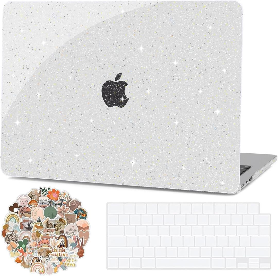 G JGOO Compatible with MacBook Air 13 inch Case 2026 2025-2022 M5 A3449 M4 A3240 M3 A3113 M2 A2681, Clear Glitter Hard Shell for MacBook Air 13.6 inch Case + Keyboard Cover +50 Pcs Laptop Sticker