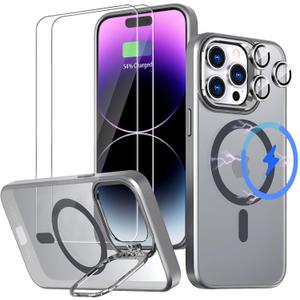5 in 1 Case Designed for iPhone 14proMax with Screen Protector [2 Pack] + Camera Lens Protector [2 Pack] with 180 Lens Stand, Magnetic Car Mount Compatible - Silver