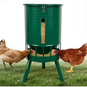 KOL 50LB Metal Chicken Feeder - No Waste, No Clog Design with 16 Ports & Smooth Gravity-Flow, Powder Coated Rust-Proof for Coop Use (Green)