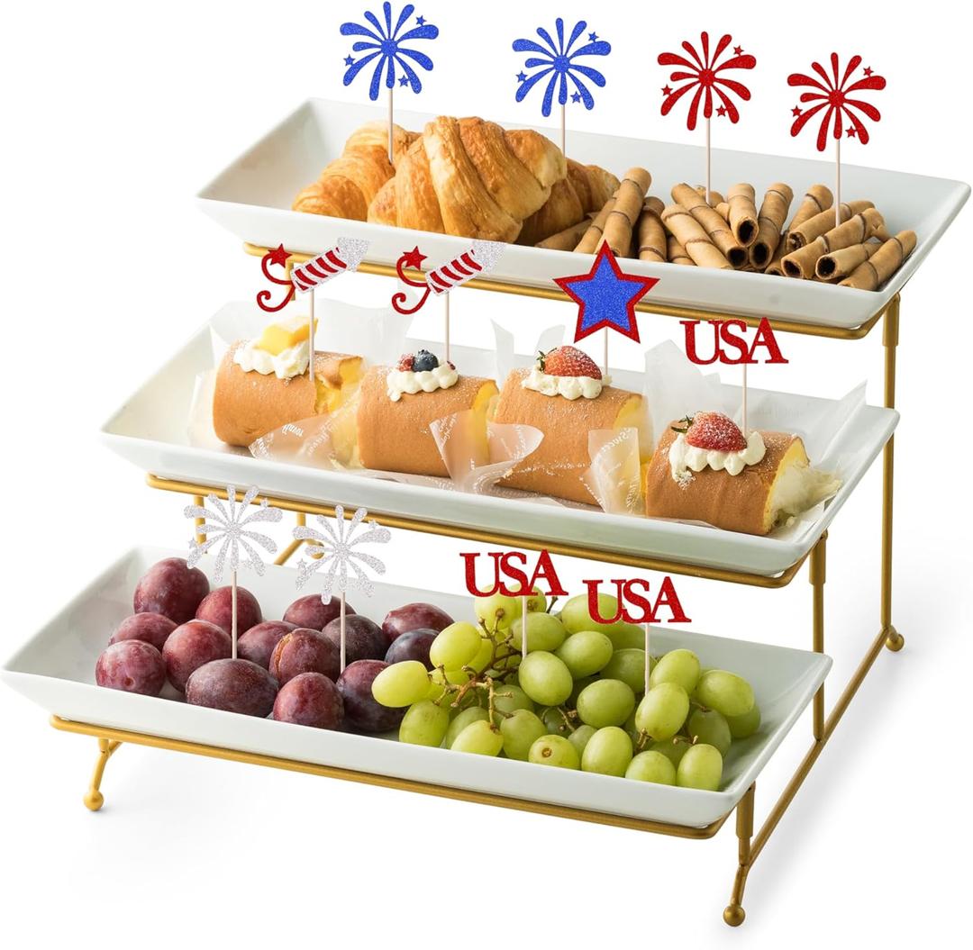 3 Tier Serving Tray, Serving Stand with Serving Dishes for Dessert Table Display Set, Ceramic Large Serving Platters for Entertraining, 14-inch (Gold Stand) (14.3" x 11.8" x 9.5")