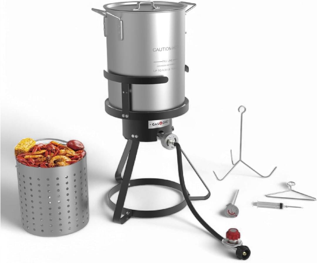 GasOne 30QT Seafood Boil and Turkey Fryer Set with Propane Gas Burner, Perforated Basket  Perfect Outdoor Cooker for Crawfish, Crab, Shrimp, Lobster, and Frying  Complete Outdoor Cooking Kit