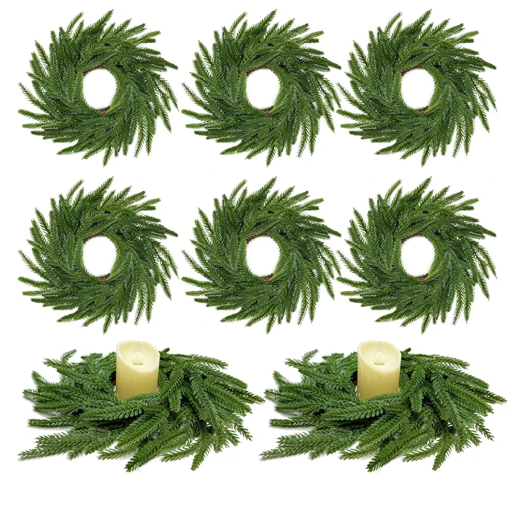 13.5 Inch Norfolk Pine Wreath Candle Rings, 6 Pcs Realistic Soft and Full Mini Christmas Wreath Table Centerpieces Candle Wreaths for Pillar Candles Cedar Small Wreaths for Cabinets Kitchen Windows