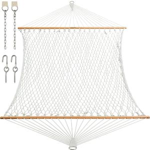 JoyView Traditional Rope Double Hammock - Hand Woven Polyester Hammock with Hardwood Spreader Bar 450lb Capacity for Outdoor Indoor Patio Yard - White