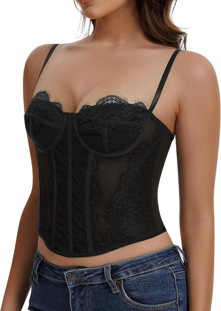Lace Corset Tops for Women Sexy Going Out Bustier Top Sleeveless Adjustable Straps Crop Tops with Back Hooks, Small