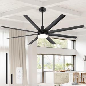 72 inch Ceiling Fans with Lights and Remote, 8 Reversible Blades, 6-Speed Quiet DC Motor, Timer, 3 Color LED Light, 2 Downrods, Industrial Black Indoor Ceiling Fan Fandeliers for Bedroom Living Room