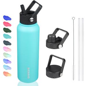 BJPKPK Insulated Water Bottles with Straw Lid, 40oz Stainless Steel Water Bottles with 3 Lids, BPA Free Leakproof Thermos, Tumblers, Cups for Sports, Gym- Turquoise (40 Ounces)