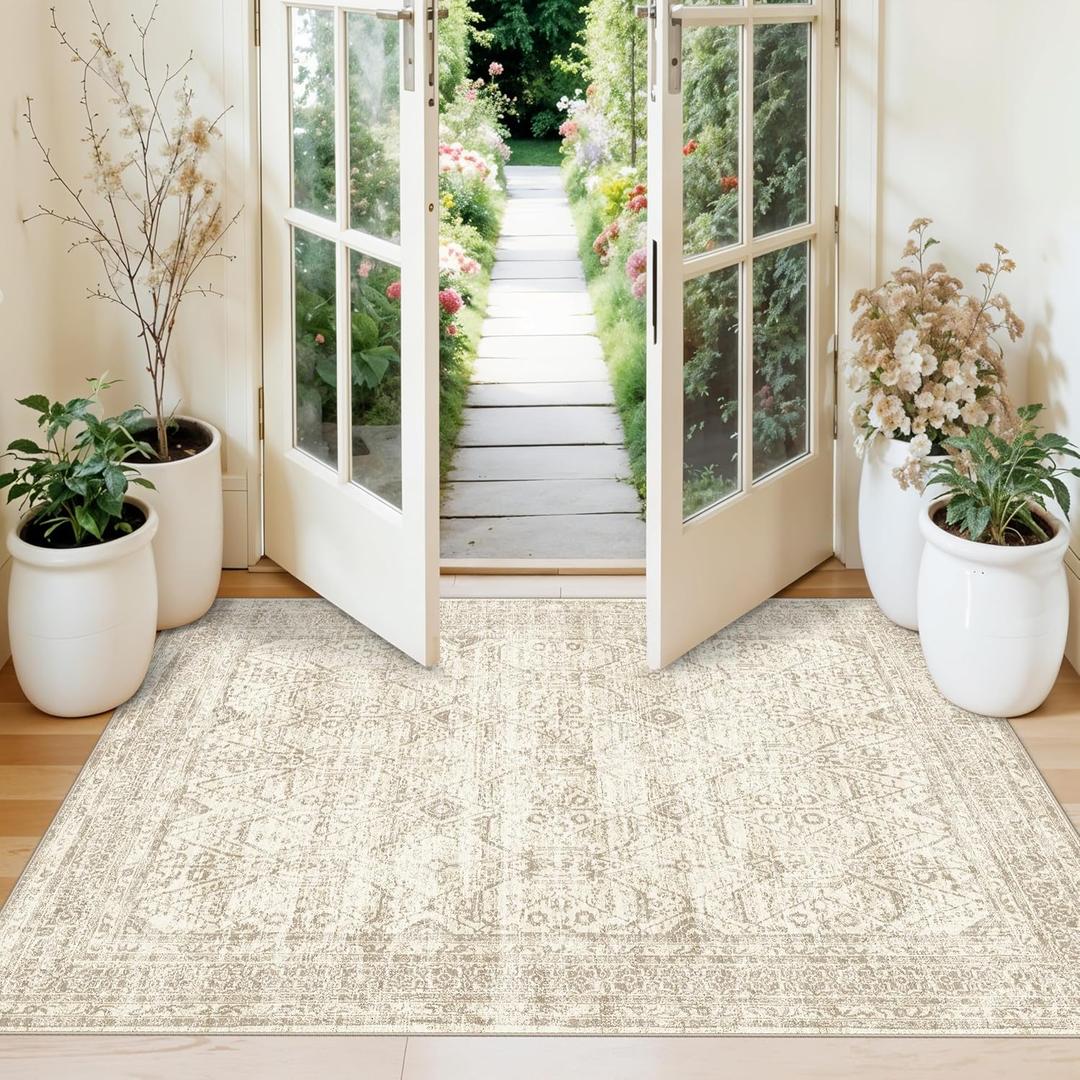 3x4 Rug Entryway Washable: Small Non Slip Front Door Mat with Rubber Backing for Bathroom Kitchen Indoor Entrance, Neutral Boho Low Pile Vintage Area Rug for Bedroom (Beige/Ivory 3ft x 4ft)