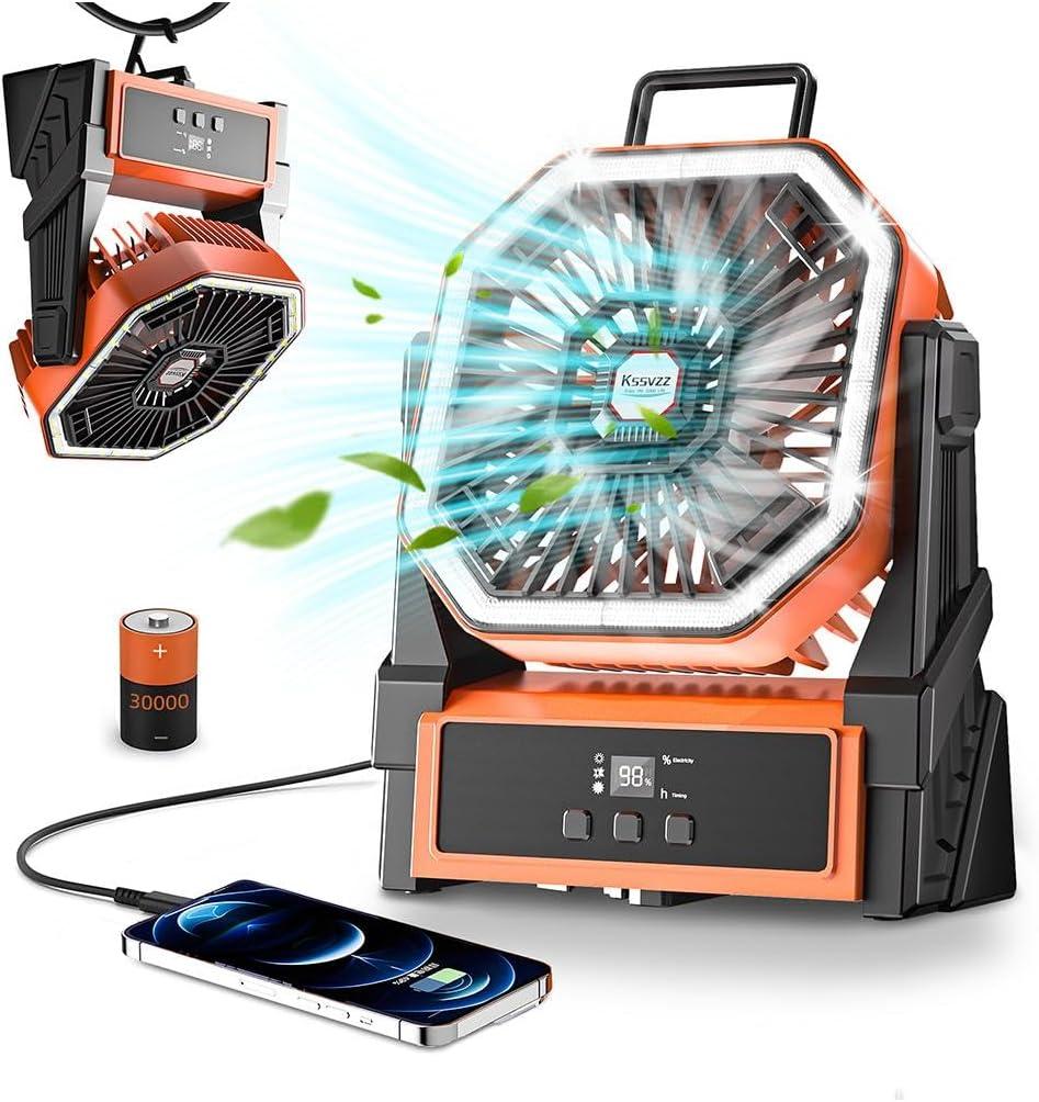 Portable Camping Fan Rechargeable with LED Lantern - 30000mAh Cordless Battery Powered Fan, 4 Speed USB Table Desk Fans, Battery Operated Tent Fans for Travel, Beach, Fishing, Home&Office (Orange)