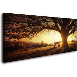 Muolunna Wall Art Decor Canvas Print Picture Big Trees in Sunset 1 Panel Golden Sunset Forest Natural Landscape Painting Artwork for Living Room Bedroom Office Home Wall Decor Framed Ready to Hang (40L" x 20W", Yellow)