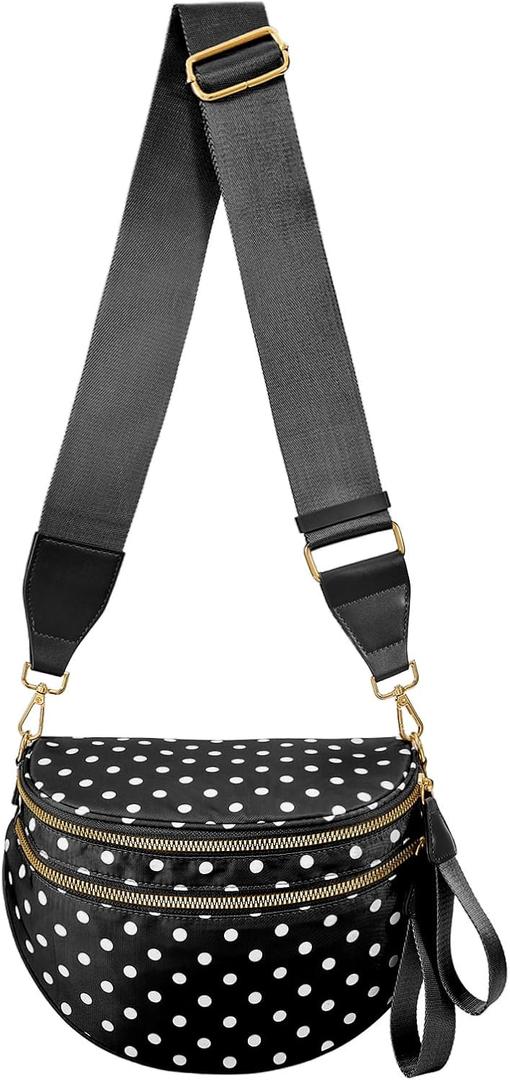 Polka Dots Crossbody Bag Bum Bag for Women,Spacious Checkered Purse Fanny Packs Belt Bag (Black Polka Dots)