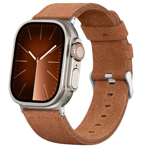 Bandsie Leather Band Compatible with Apple Watch Ultra Band 49mm 46mm 45mm 44mm 42mm for Men, Vintage Genuine Suede Leather Strap for iWatch Ultra 2, Ultra, SE, Series 10 9 8 7 6 5 4 3 2 1, Brown Pack of 2