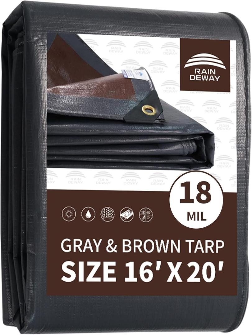 RAINDEWAY 16x20 Feet Super Heavy Duty Tarp 18 Mil, UV Resistant, Weatherproof, Multipurpose Waterproof Poly Tarp with Grommets and Reinforced Edges, Brown/Gray Tarps, 16x20 Feet-Finished size