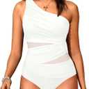 Aqua Eve Women Mesh One Piece Swimsuit - Tummy Control One Shoulder Bathing Suit Cut Out Swimwear 2026 (Medium, White)
