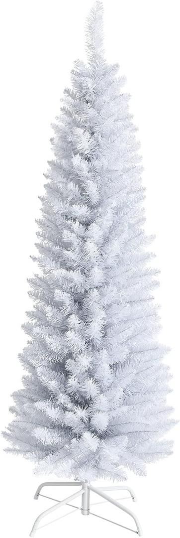 Goplus 5FT Pencil Christmas Tree, Artificial Slim White Christmas Tree with 240 PVC Needles & Folding Metal Stand, Unlit Xmas Tree for Home Office Shops Hotels Decoration