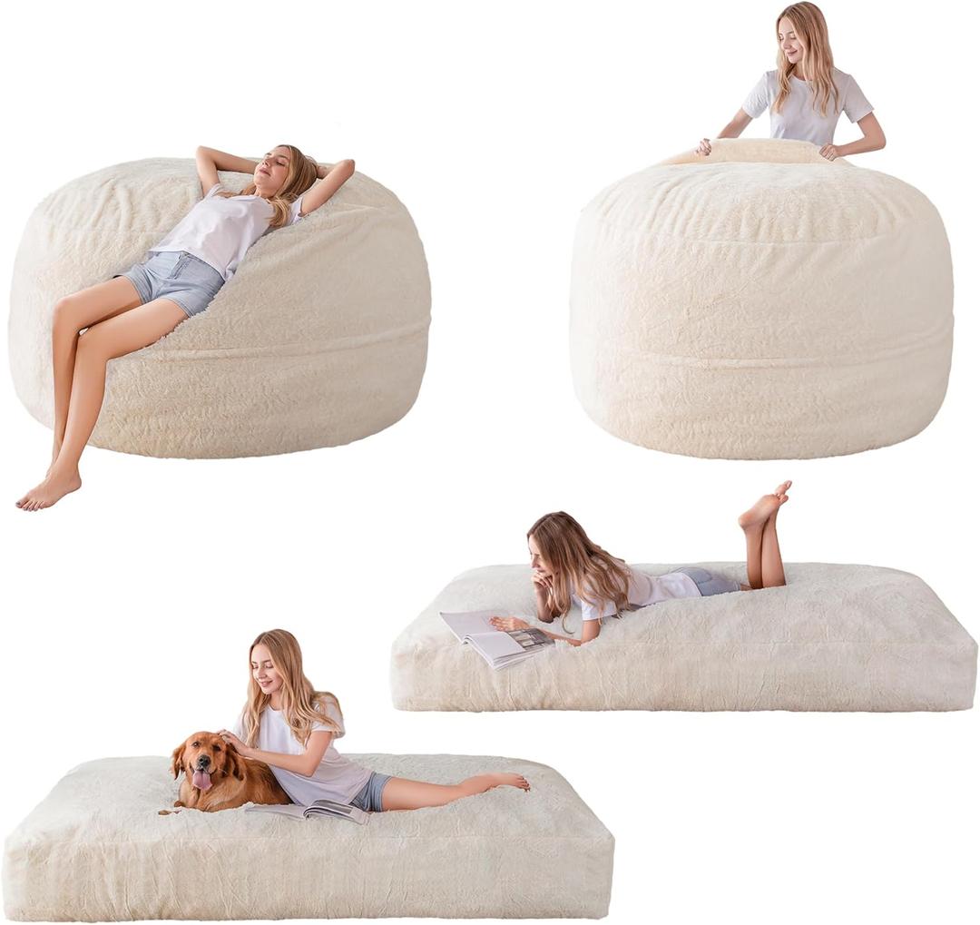 MAXYOYO Giant Bean Bag Chair Bed for Adults, Includes Two Beds, Convertible Beanbag Folds from Lazy Chair to Floor Mattress Bed, Big Sofa Bed, High-Density Foam Filling, Machine Washable (King, Beige)