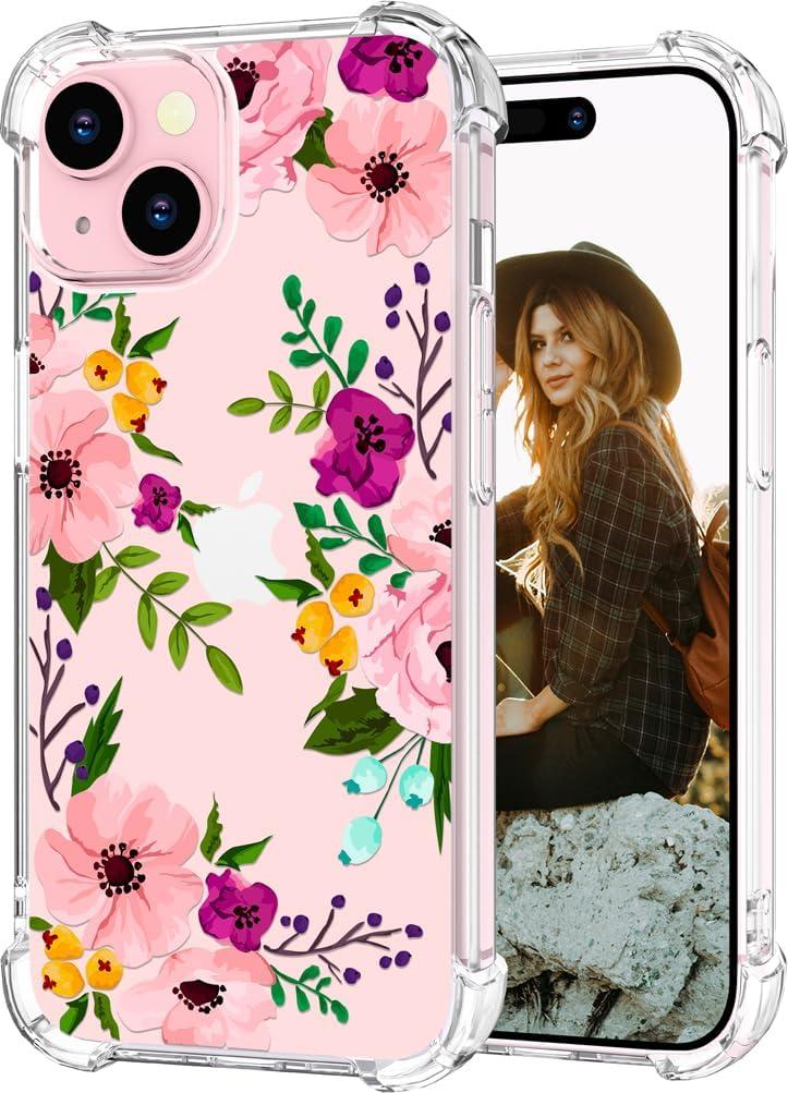 Hungo Compatible for iPhone 15 Plus Case Floral Flower Clear Design Cute,Girly for Women Girls Floral Flower Transparent Pink Peony
