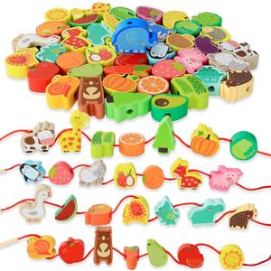 BMTOYS Montessori Educational Threading Toys Wooden Stringing Farm Animals Fruits Lacing Beads Preschool Toy for Toddler 3 4 5 Year Old Boys Girls (Rainbow)