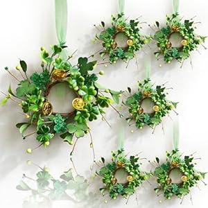 6 Pcs St. Patrick's Day Hanging Wreaths for Cabinets with Green Shamrock Clovers Gold Coin Artificial Mini Candle Rings Wreath for Home Kitchen Front Door Window Porch Wall Wedding Decor