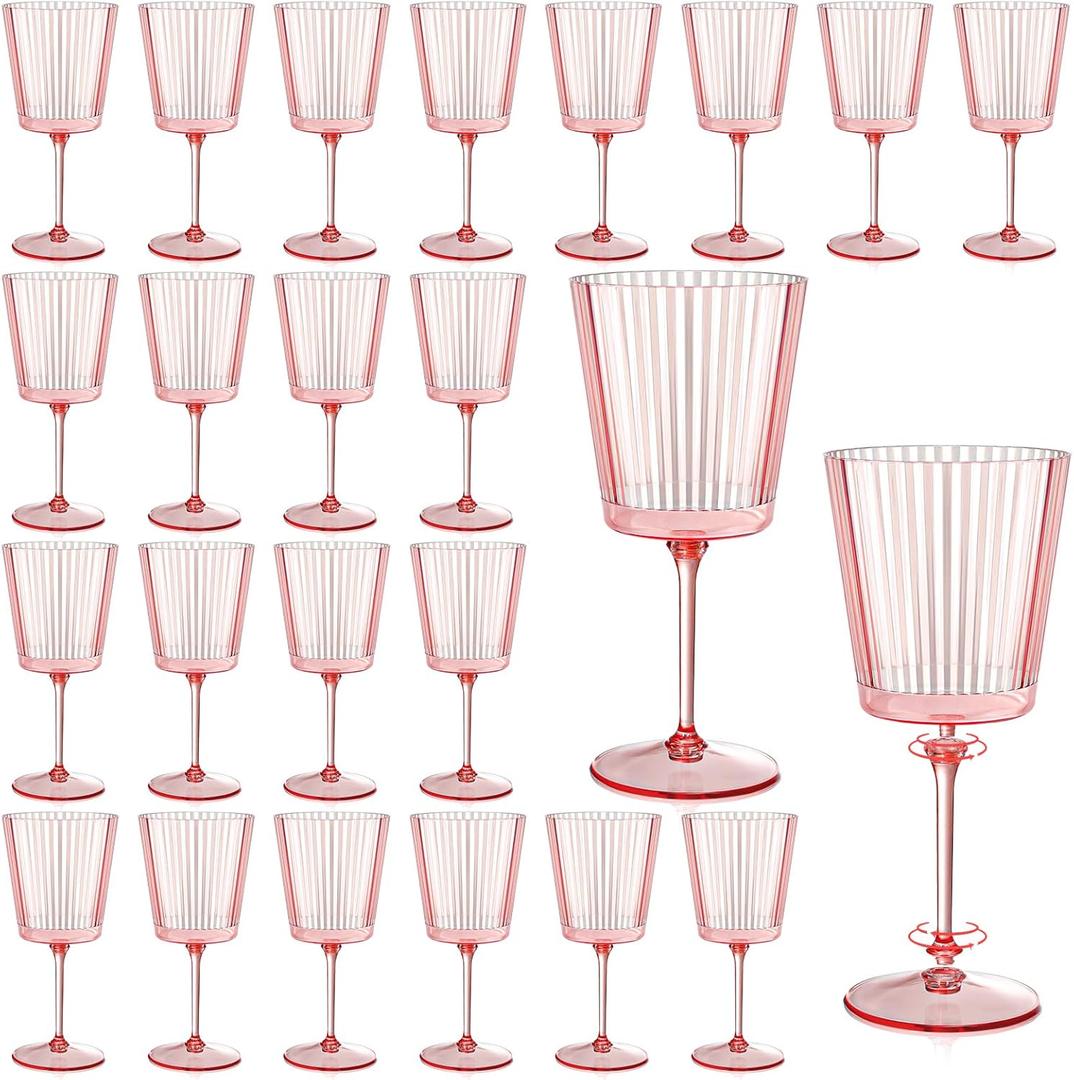 24 PCS Pink Plastic Wine Glasses with Removable Stems 13.5 OZ Ribbed Wine Glass Set Square White Wine Glasses Muted Pastel Colors Goblets Elegant Fluted Glassware for Wedding(Pink, 24 Pack)