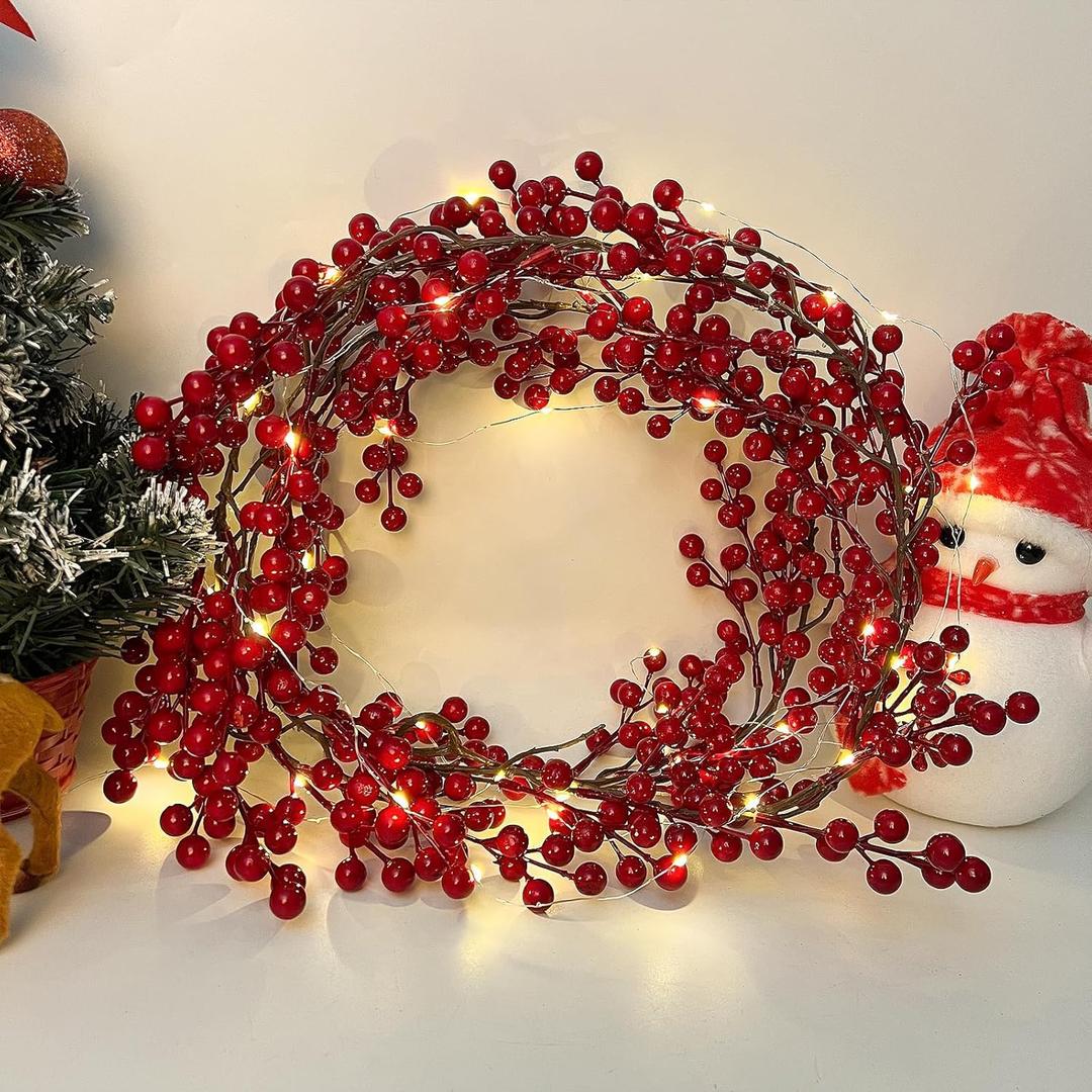 Artificial Red Berry Christmas Garland Faux Fireplace Garland Fake Hanging Garland Indoor Outdoor Wedding Arch Home Garden Party Fireplace Wall Decor (Red)