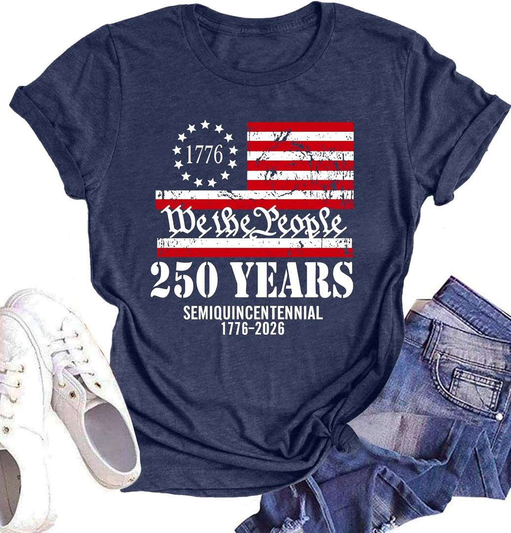 250 Anniversary USA Shirt Women 250th Anniversary USA Shirt Patriotic 250 Years American Flag Tshirt (Blue, XL)