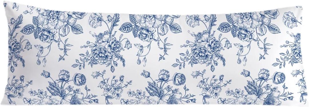 Vintage Blue Floral Chinoiserie 20x54 Body Pillow Cover, Grandmillennial Home Decor, Chinoiserie Decor, Blue and White Flower Grandmillennial Decorative Long Body Pillow Cases for Bed Couch