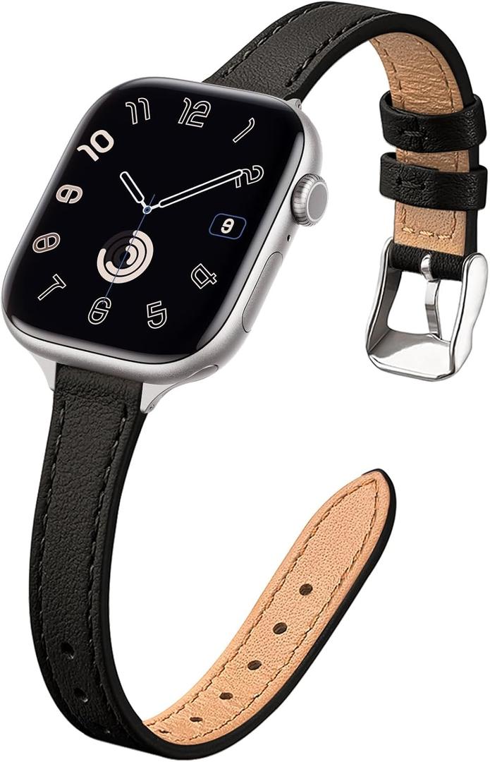 STIROLL Slim Leather Bands Compatible with Apple Watch Band 38mm 40mm 41mm 42mm(Series 11 10), Top Grain Leather Watch Thin Wristband for iWatch SE 9 8 7 6 5 4 3 2 1 (Black Silver)