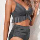 Tempt Me Women High Waisted Ruffle Bikini Set Two Piece Swimsuits Flounce Tummy Control Bathing Suit (Black, L)
